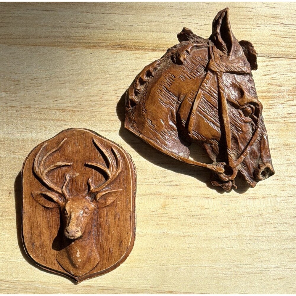 Vintage 1940s Syroco Wood Brooch Pin Lot Horse Head Deer Stag MCM Jewelry